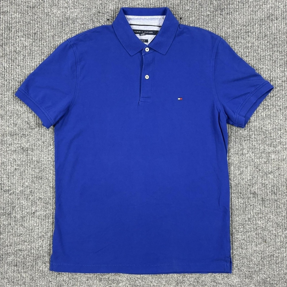 Tommy Hilfiger Polo Shirt Mens L Blue Slim Fit Cotton Stretch Short Sleeve